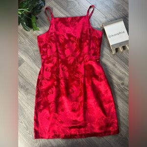 Vintage 90s Dress by Choice Red Satin Jacquard Floral Damask Mini Dress. Size 7